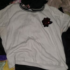Hollister White Tee with Black Accents and Rose Patch